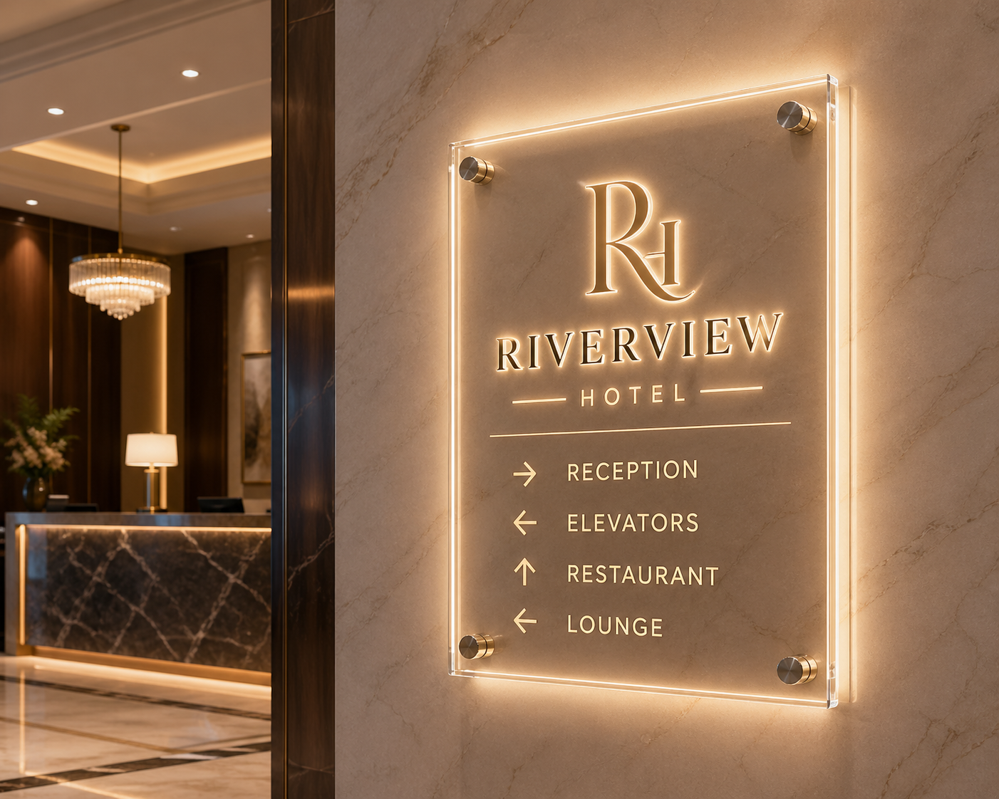 Riverview Hotel — bespoke acrylic lightbox signage in a luxury lobby