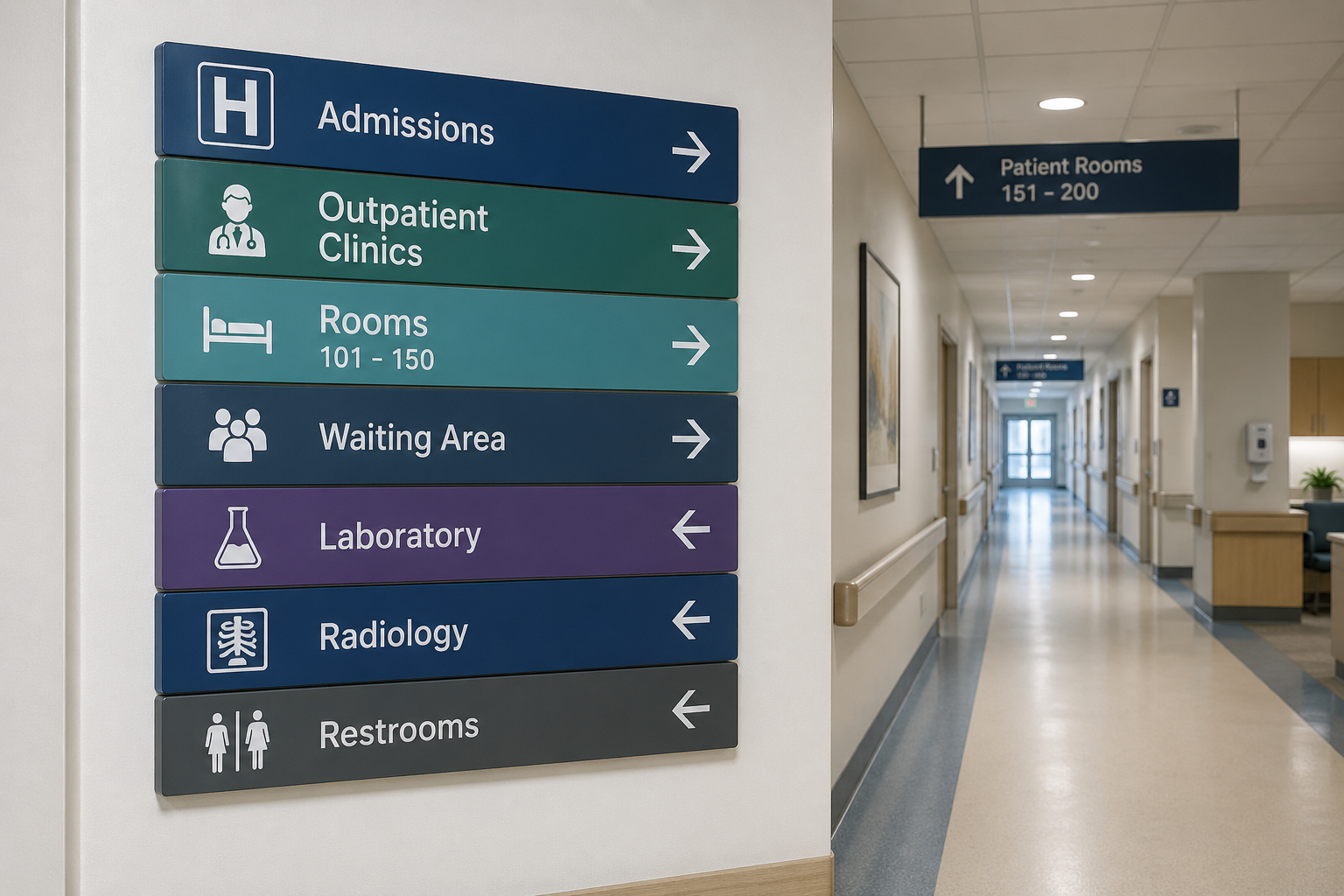 Contemporary interior with high-contrast directional wayfinding signage