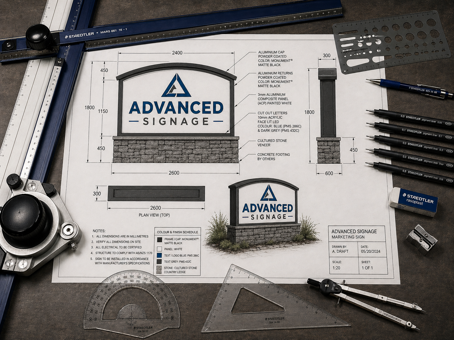 Close-up of precision technical drawings and engineering tools on a drafting desk